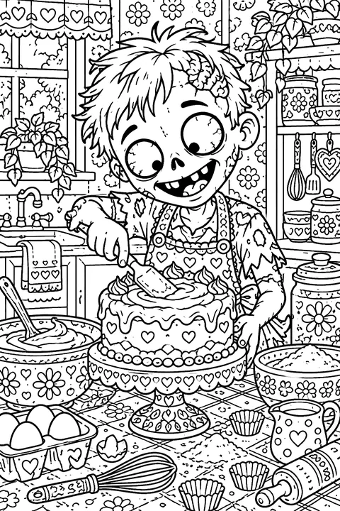 Cute cartoon zombie kid with a big goofy smile baking a cake in a cozy kitchen, flour and mixing bowls around coloring page