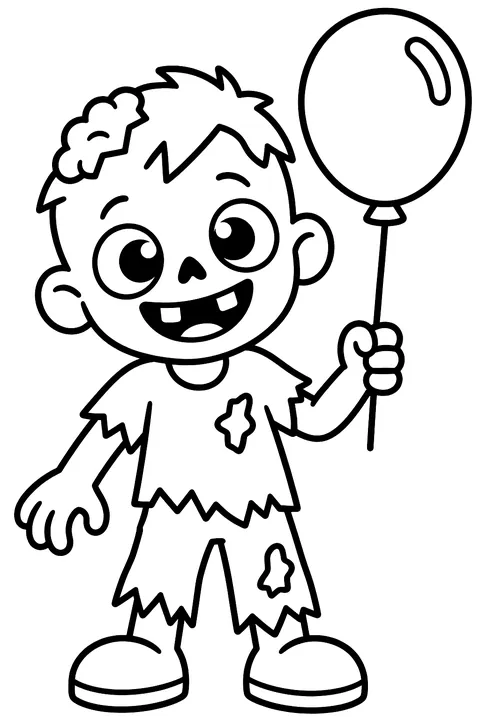 Zombie with a balloon smiling coloring page