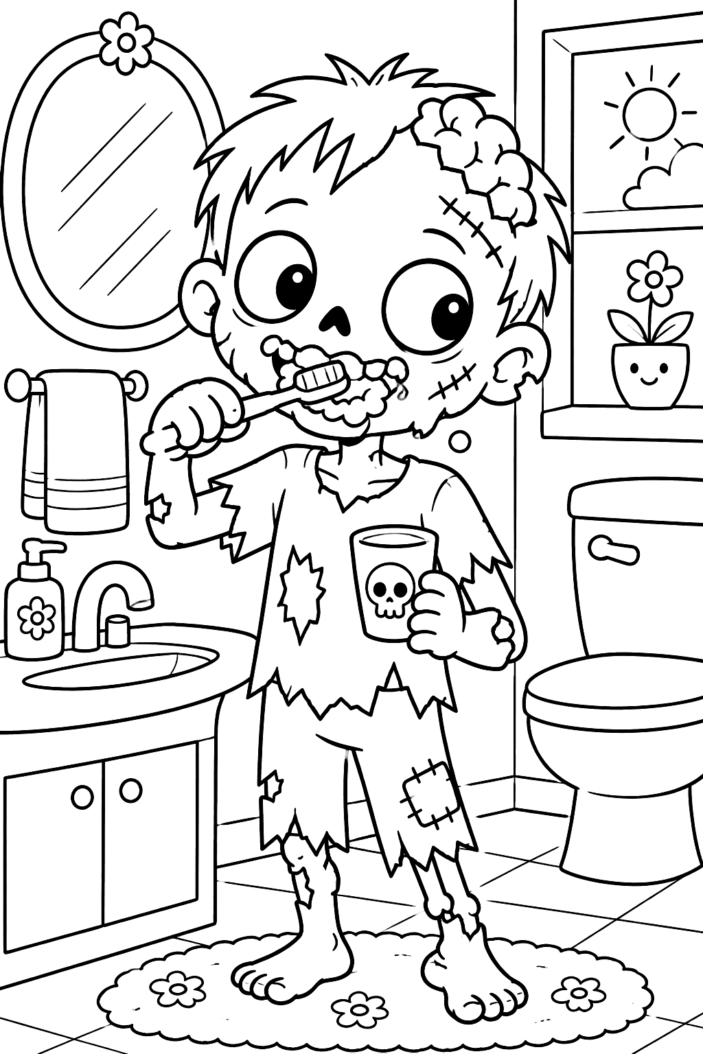 Zombie brushing its teeth coloring page