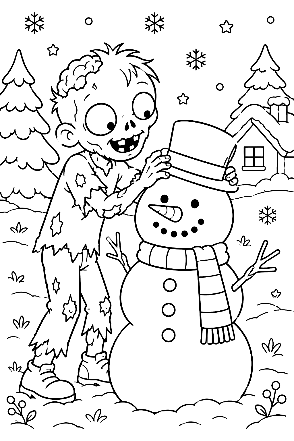 Zombie building a snowman coloring page