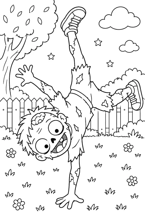 Zombie doing a cartwheel coloring page