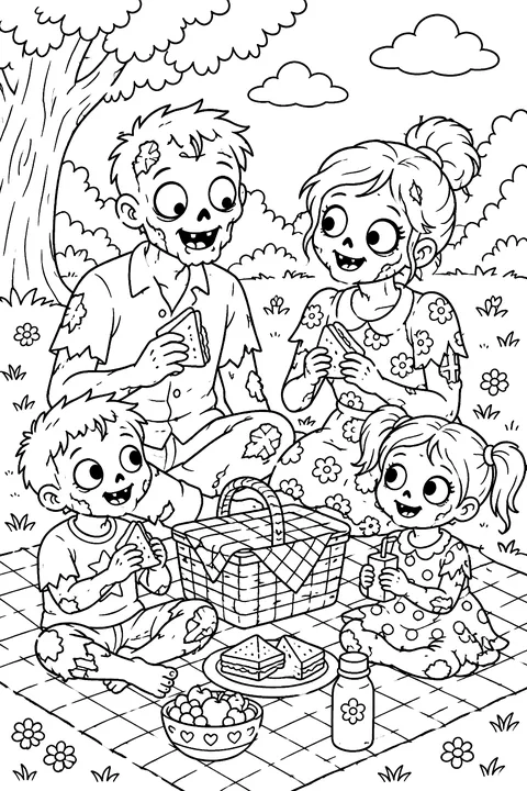 Zombie family on a picnic coloring page
