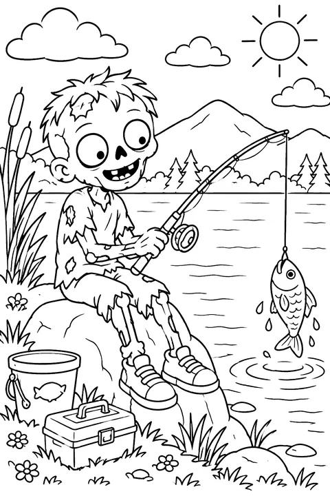 Zombie fishing at a lake coloring page