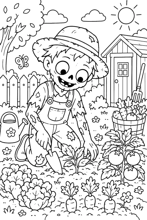 Zombie gardening and growing vegetables coloring page
