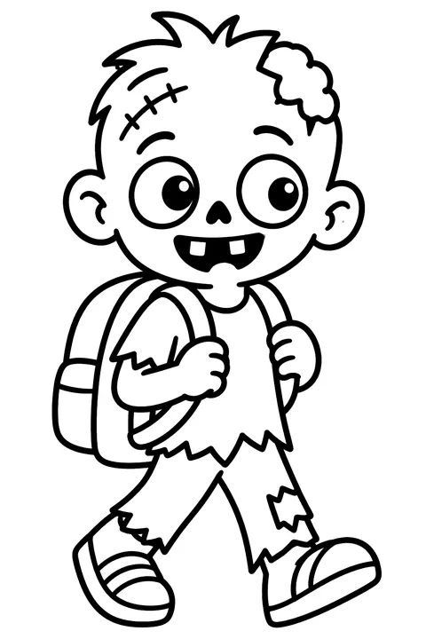 Zombie going to school with a backpack coloring page