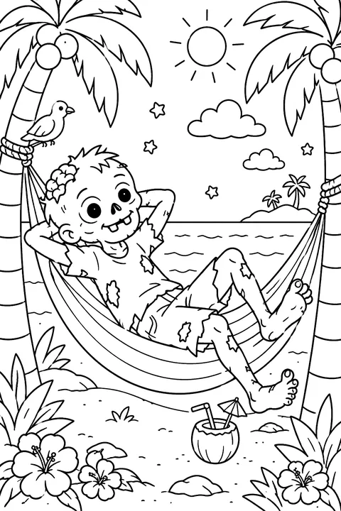 Zombie in a hammock relaxing coloring page