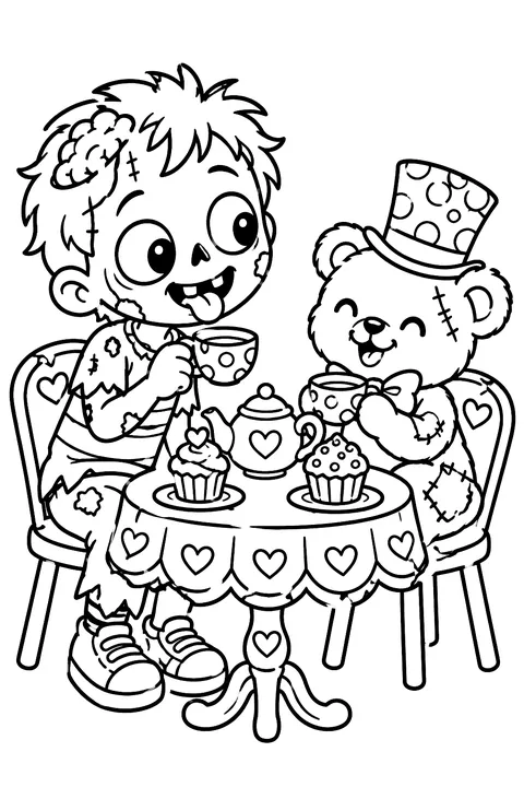 Cute cartoon zombie kid having a tea party with a teddy bear at a little table with cupcakes, smiling and silly, not scary coloring page