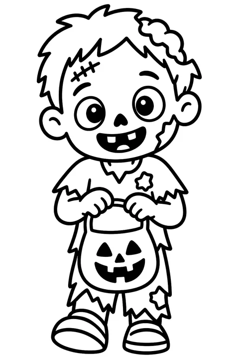 Zombie kid trick-or-treating with a candy bag coloring page