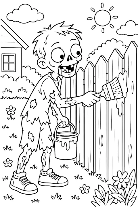 Zombie painting a fence coloring page