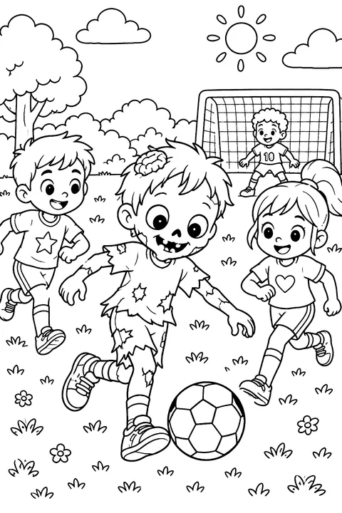 Zombie playing soccer with friends coloring page