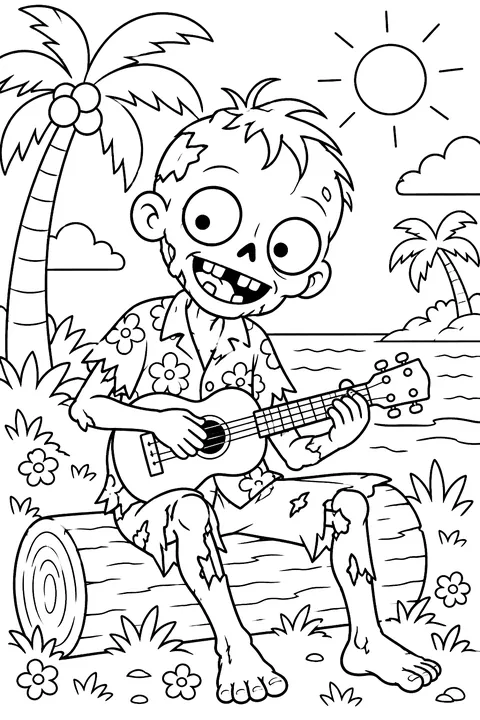 Zombie playing a ukulele coloring page