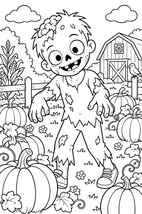 Zombie at a pumpkin patch coloring page