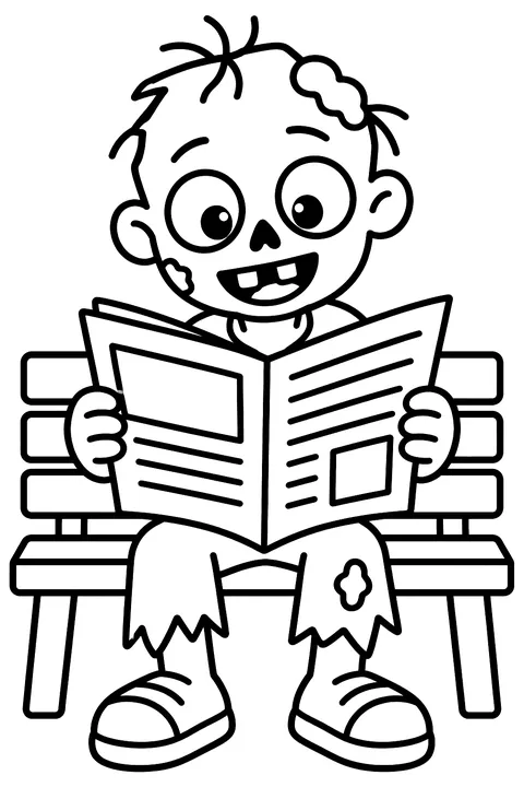Zombie reading a newspaper on a bench coloring page
