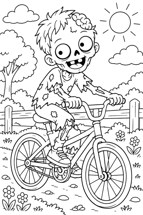 Zombie riding a bicycle coloring page