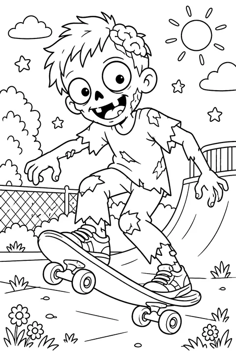 Zombie skateboarding coloring page
