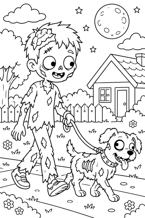 Zombie walking a zombie dog coloring page
